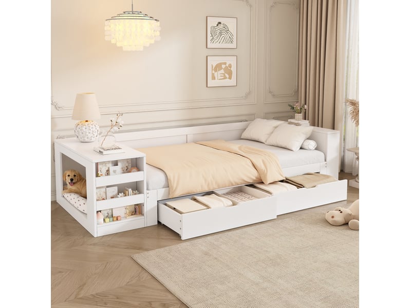  Lit simple 90x200 cm avec rangement, blanc, sans matelas  - Conforama B