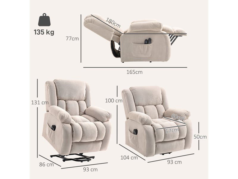  Fauteuil releveur électrique, massage et chauffage, repose-pieds, dossier inclinable, 93x104x100cm, télécommande, beige  - Conforama C