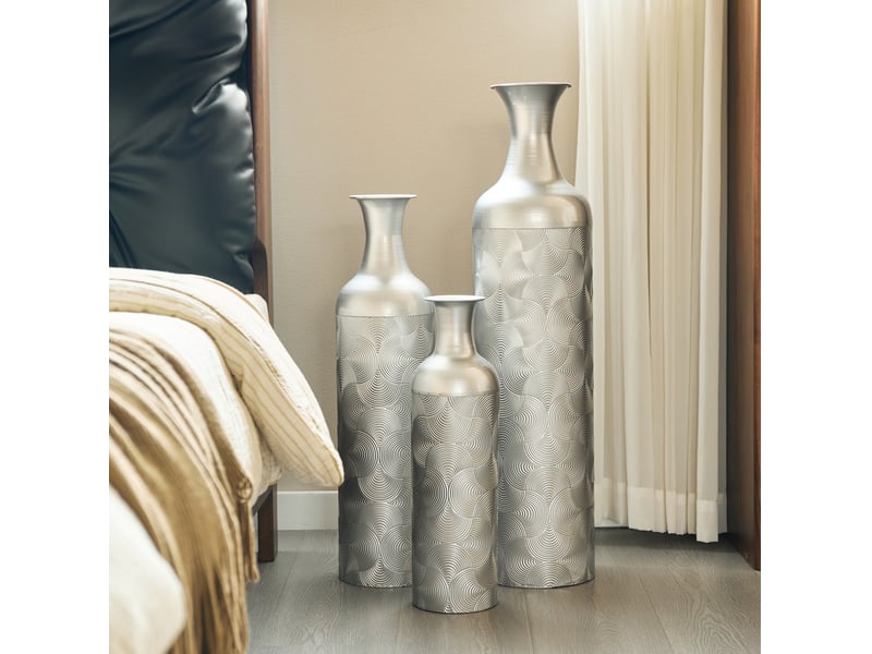 Lot de 3 vases de sol en métal argenté à motif ondulé, 50, 66 et 83 cm, pour une décoration moderne raffinée - Conforama B