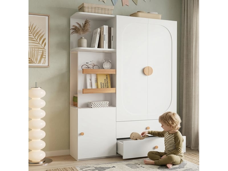 Armoire avec penderie, 2 tiroirs et étagères ouvertes pour chambre ou entrée, mdf blanc naturel, 125 × 50 × 180 cm - Conforama C