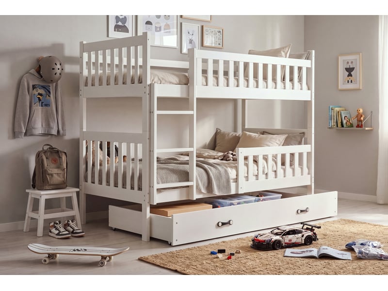  Lit superposé séparable 90x200 cm QUBA Interbeds - Bois massif de pin avec barrière, sommier et tiroir - Blanc QUBA - Conforama B