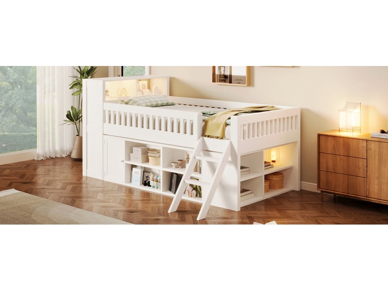  Lit en bois 120x200 cm blanc mdf et pin avec éclairage led rangements ouverts et fermés et échelle Sol Morn - Conforama D