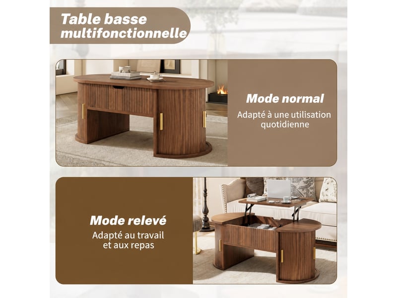  Table basse ovale relevable en mdf effet noyer pour télétravail, 100 x 50 cm  - Conforama E