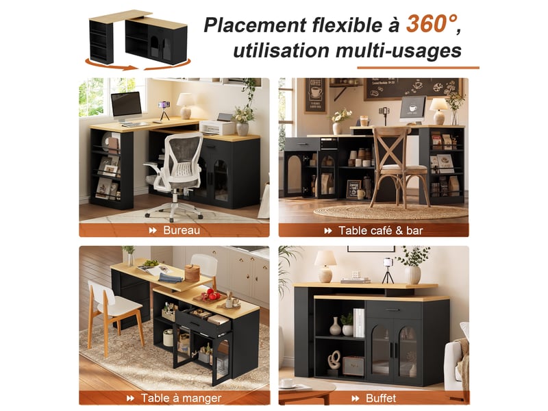 Îlot de cuisine avec plateau pivotant à 360° 136 x 50 x 78 cm, tiroir, étagères, portes vitrées et rangement, noir - Conforama E