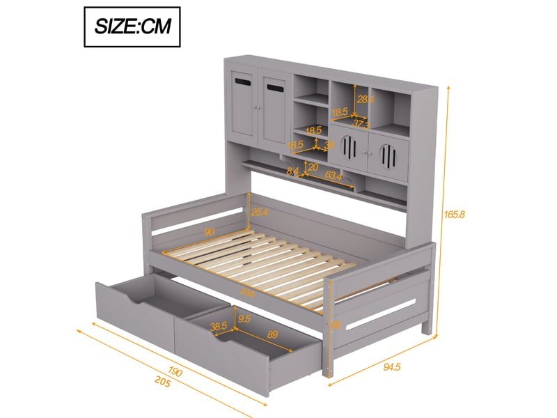  Lit multifonction, 90x200 cm, 2 tiroirs, avec plusieurs espaces de rangement, matelas non inclus, bois, coloris gris  - Conforama C