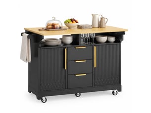 Desserte de cuisine à roulettes avec 3 tiroirs, étagères et plateaux rabattables, mdf noir, 120 × 40(80) × 95 cm
