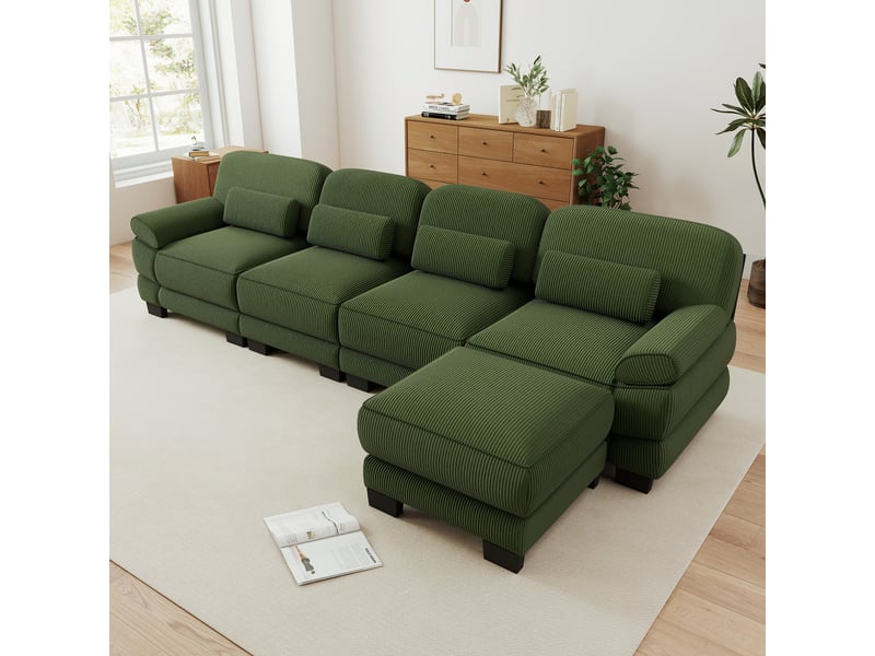Canapé modulable en l 4 places 336x161x94 cm avec pouf, assise profonde, combinaison flexible, tissu côtelé vert design - Conforama E