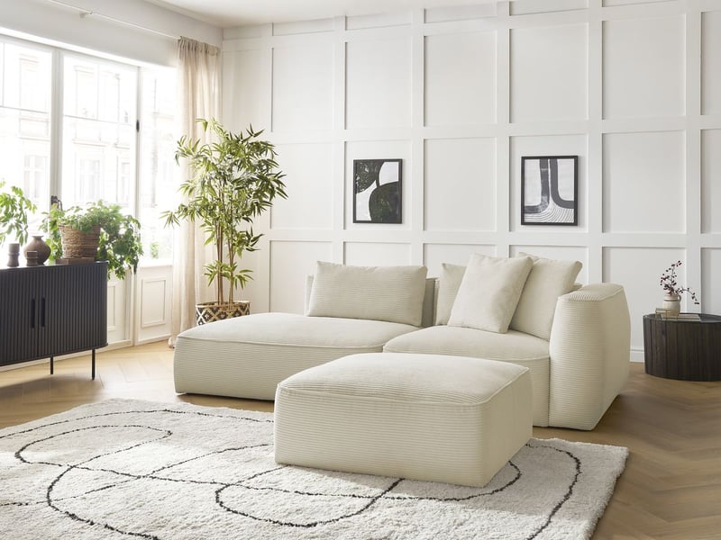  Bobochic canapé droit fixe 3 places leopold velours côtelé avec pouf beige  accoudoir droit LEOPOLD - Conforama D