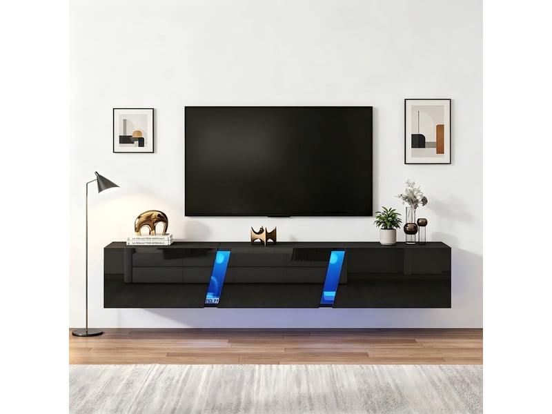  Meuble tv mural noir brillant 180 cm avec led et commande par application, pour tv jusqu'à 75 pouces  - Conforama B