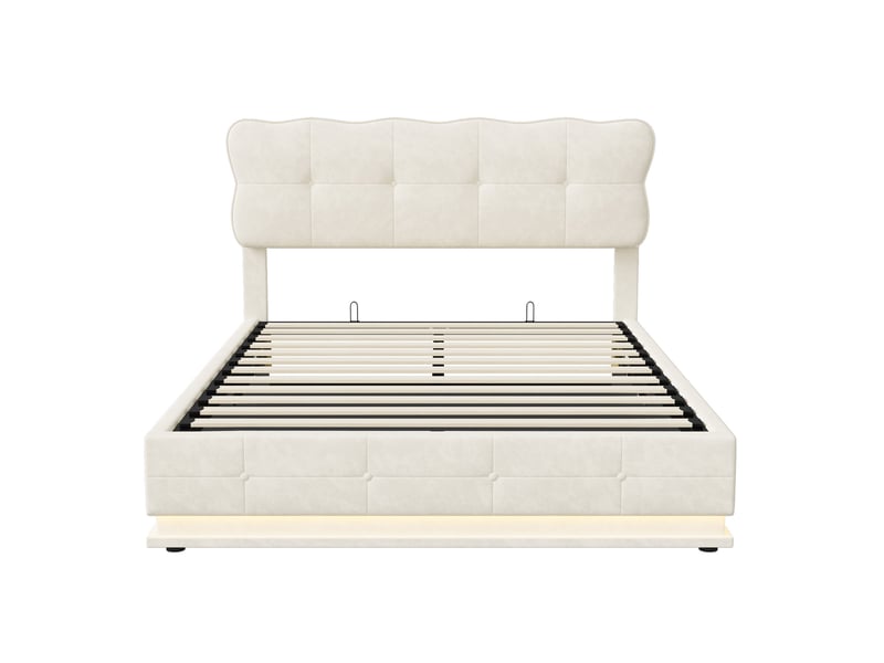  Lit 160 x 200 avec sommier, tête de lit rembourrée ondulée, rangement hydraulique, bande lumineuse led, velours beige  - Conforama A