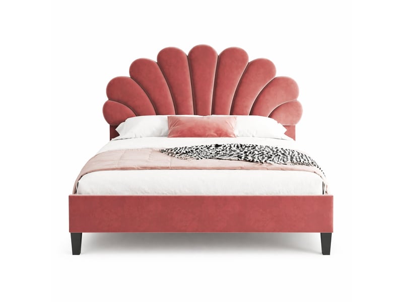  Lit double 140 x 200 cm en velours avec tête de lit fleurie et sommier à lattes, rouge  - Conforama A