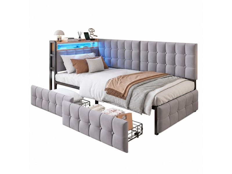  Lit avec rangement tcqpz 90 x 200 cm gris avec 2 tiroirs, led, usb et type-c, cadre métal, sommier 12 lattes  - Conforama A