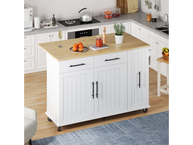  Îlot de cuisine blanc et naturel 120 x 40 x 90 cm – chariot roulant avec organisateur coulissant 3 étages, 5 roues dont 2 freinées TG Store - Conforama D
