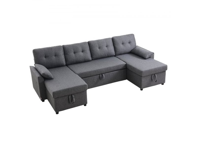 Canapé-lit en u, avec 2 poches latérales, 2 oreillers et méridienne double, canapé convertible en lit 6 places avec grand espace de rangement pour salon, appartement, structure en métal, gris  - Conforama E