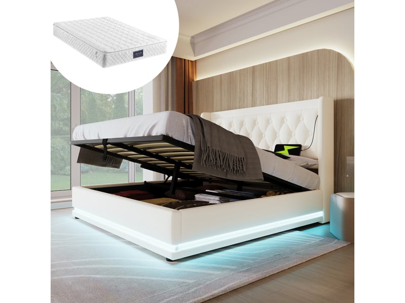  Lit double rembourré 160x200 cm avec matelas, structure de lit avec tête de lit en pu, lit double led, blanc  - Conforama A