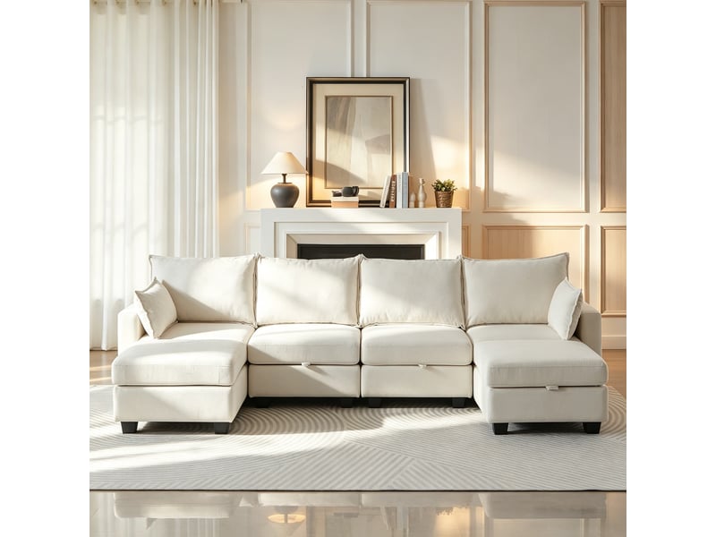  Canapé d’angle, en chenille, u pour salon, ottomane coffre, 6 places et méridienne, 87,6x289,6x141 cm, beige  - Conforama D