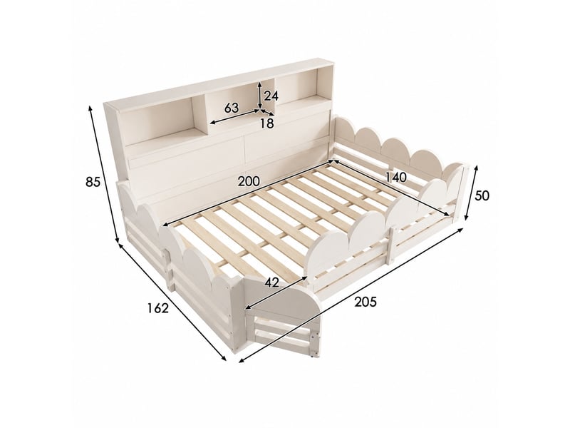 Lit enfant 140x200cm avec barrière, porte et étagère, pin et panneaux, blanc - Conforama C