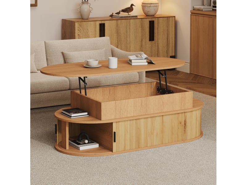  Table basse ovale relevable avec rangement, table salon en mdf coloris bois, 100x50x40 cm  - Conforama W