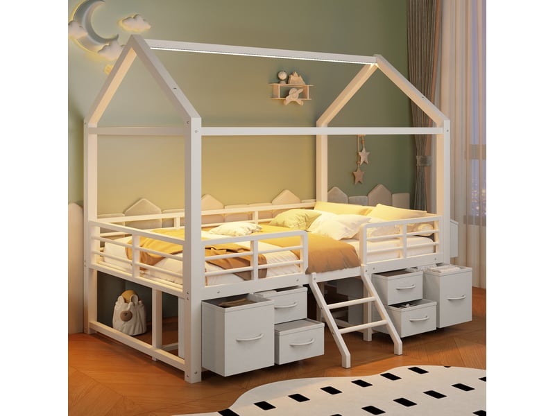  Lit mezzanine enfant 90 x 200 cm avec toit maison, tiroirs en tissu et éclairage led, blanc  - Conforama B