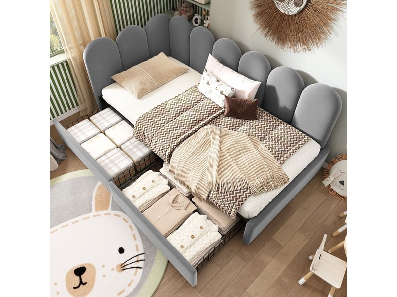  Lit 90x200cm, lit une personne capitonné velours gris, 2 tiroirs rangement intégré, cadre en l côtés réversibles, avec lattes antidérapantes, sans matelas  - Conforama B