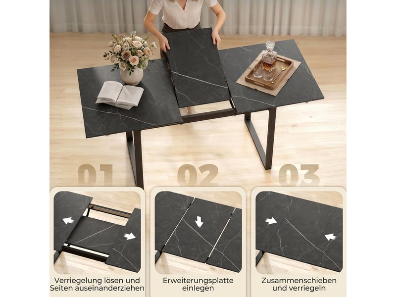  Table de salle à manger extensible 140-180 cm pour 6 à 8 personnes, rectangulaire, style industriel, structure en acier, noire  - Conforama E