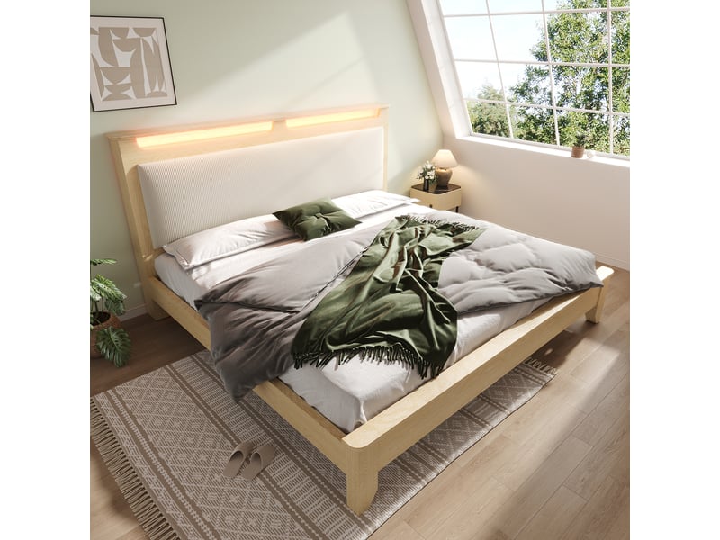  Lit double 160x200 cm en bois et corduroy avec rangement et led beige chicfurn  - Conforama D