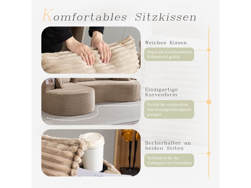  Canapé 250 x 152 x 82 cm en cord mousse haute densité et ressorts coussins inclus porte-gobelets latéraux poche de rangement  - Conforama E