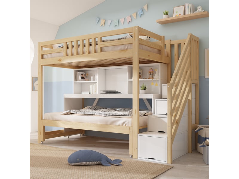  Lit superposé enfant 90x20090x190 avec lit inférieur sur roulettes, bureau mobile, escalier rangement, étagères, en 747-1:2024, blanc et effet chêne evarich - Conforama B