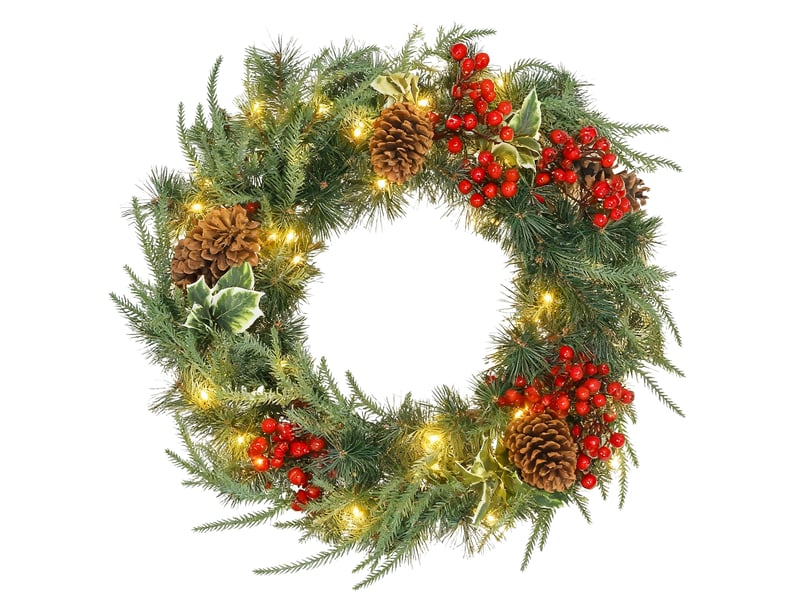  Couronne de noël lumineuse 60 cm avec 35 led, minuterie, 170 pointes, pommes de pin, feuilles de houx, baies, vert  - Conforama B