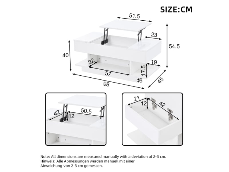  Table basse moderne 98×45×40cm relevable plateau relevable | réglable en hauteur avec 2 armoires rabattables  - Conforama C