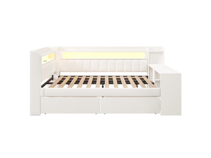  Lit de repos rembourré, 140x200 cm, lit enfant avec bureau, 2 tiroirs de rangement et bande led, blanc  - Conforama A
