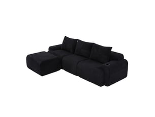 Canapé modulaire 3 places 268x174x80 cm, velours côtelé noir, assise généreuse, poche latérale, porte-gobelet, pouf inclus