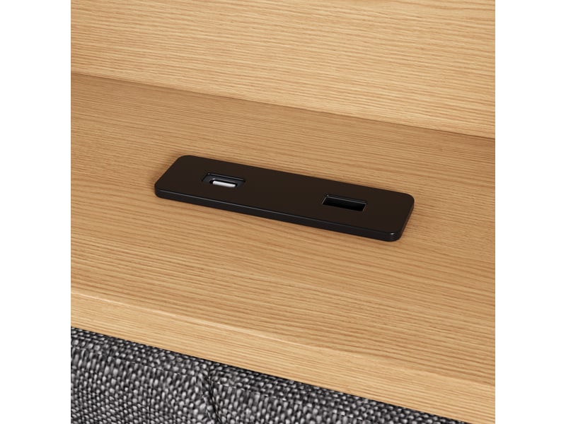  Lit coffre banquette 90 × 200 cm, rangement hydraulique, étagère, led, usb-a et usb-c, tissu gris, tête rembourrée  - Conforama E