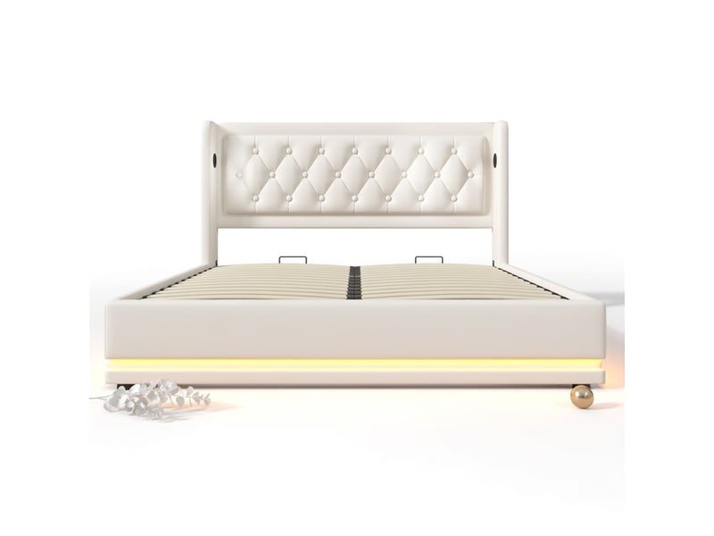  Lit coffre 160 x 200 cm en pu blanc, rangement hydraulique, tête de lit avec usb type-c et led sur 3 côtés, matelas inclus  - Conforama A