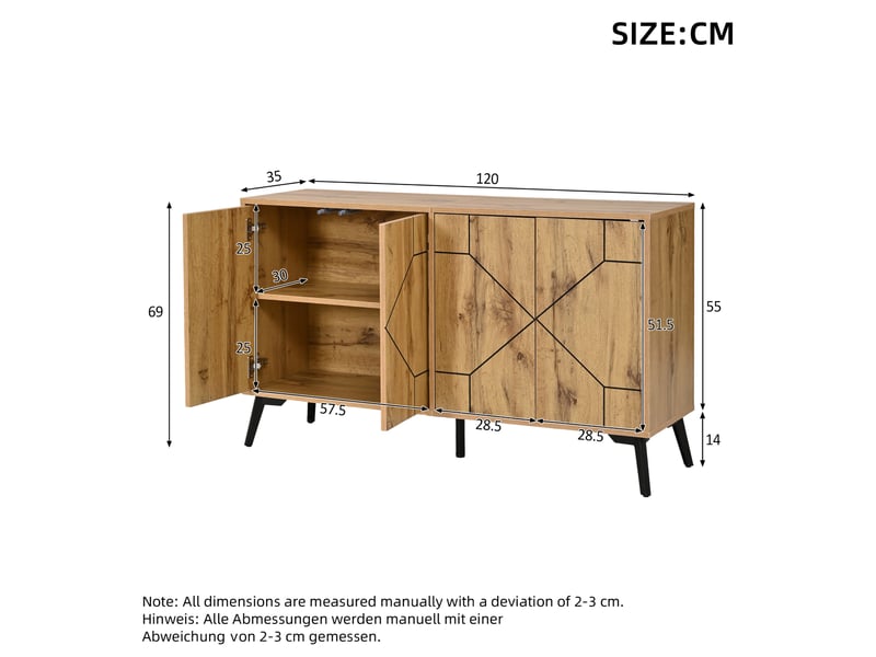  Buffet bas 4 portes à ouverture par pression, 4 compartiments, style industriel en mdf chêne clair, 120 × 35 × 69 cm  - Conforama C