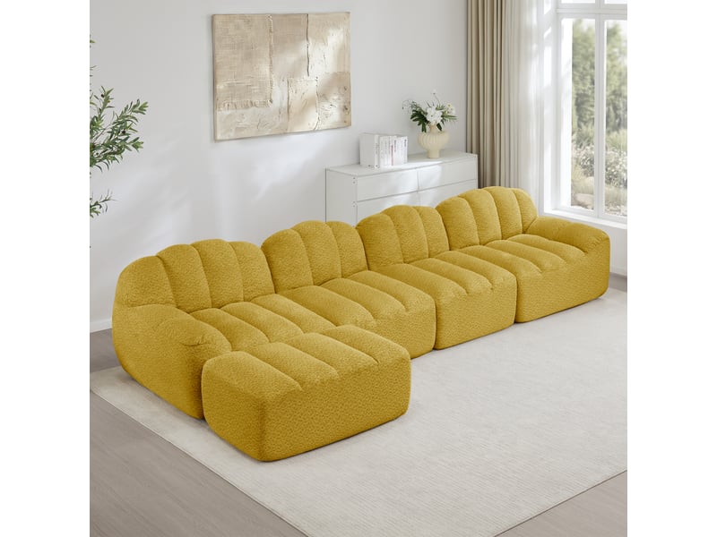  Canapé modulable, canapé 4 places – mousse haute densité, jaune, avec pouf, en tissu, assise profonde  - Conforama C