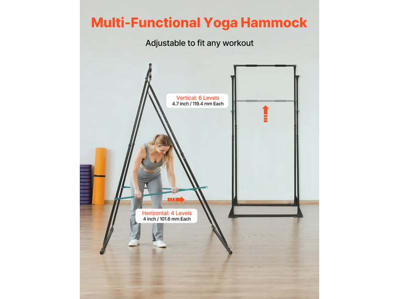  Vevor structure balancoire pour yoga aerien avec hamac de 6 m, portique pour hamac et yoga capacite de 200 kg, support de traction triangulaire avec mousse eva, reglages horizontal et vertical  - Conforama E