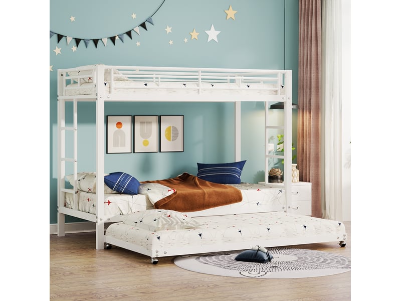  Lit superposé enfant 90x200 cm en métal blanc avec lit gigogne et garde-corps  - Conforama E