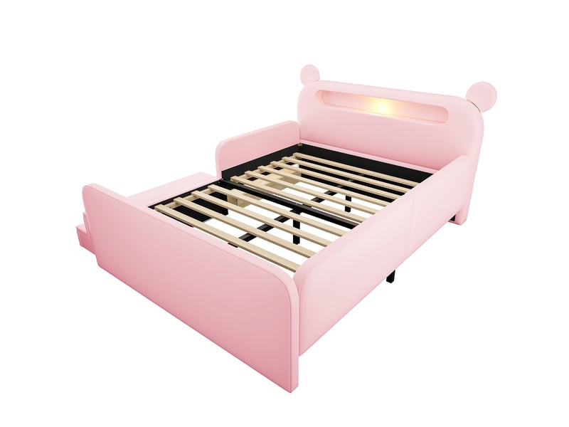  Lit 2 places 140x200 cm - lit enfant avec tête de lit ours, rangement, veilleuse et usb - rose  - Conforama R