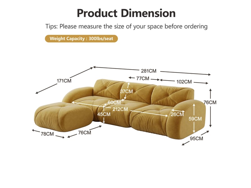  Canapé d'angle l modulable 3 places jaune — sans montage, repose-pieds, antidérapant  - Conforama C