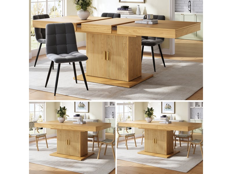 Table à manger extensible 140-180x90x75 cm table à manger 6 à 8 personnes rectangulaire moderne avec rangement, chêne clair - Conforama R