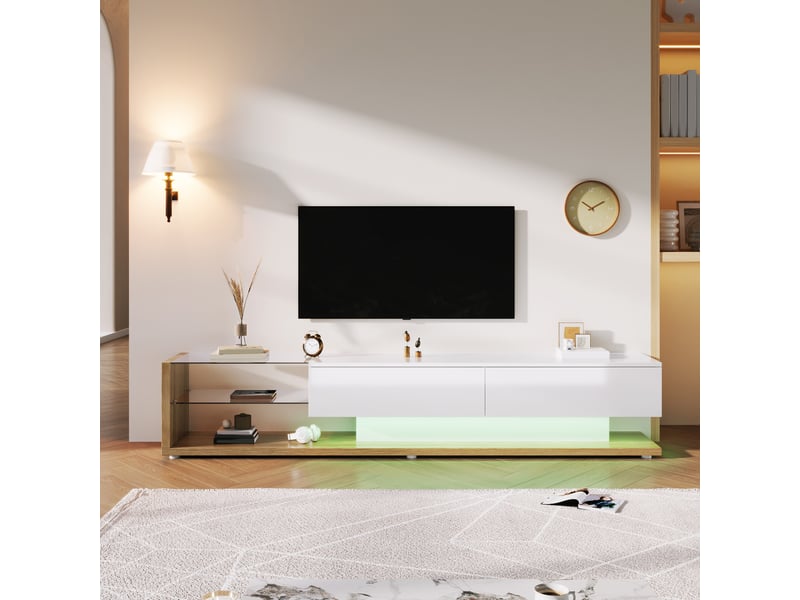  Meuble tv blanc brillant et bois, 170 cm, éclairage led  - Conforama C