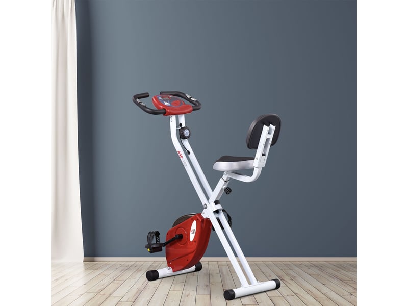  Vélo appartement pliable fitness intérieur, 8 résistances magnétiques, dossier, selle réglable, lcd, cardio, rouge.  - Conforama D