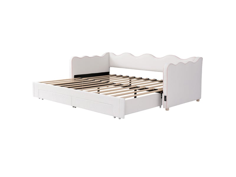  Lit banquette 90x200 cm extensible 180 cm avec tiroirs de rangement usb bouclé beige  - Conforama A