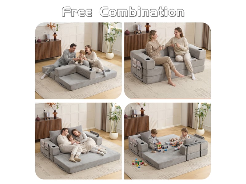Canapé convertible, canapé-lit, en velours tricoté, gris clair, poches latérales, porte-gobelets, chambre, pour salon - Conforama W