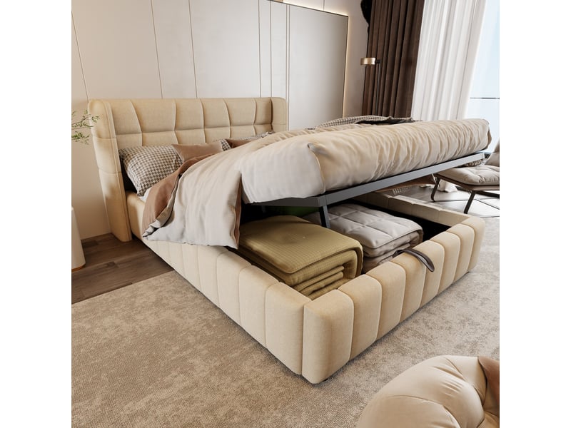  Lit coffre 140 x 200 cm avec rangement pneumatique, tête de lit capitonnée, sommier à lattes, lin beige  - Conforama E