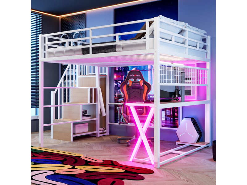 Lit mezzanine 160 x 200 cm – avec éclairage led – échelle avec rangements – avec bureau – blanc (matelas non inclus) - Conforama E