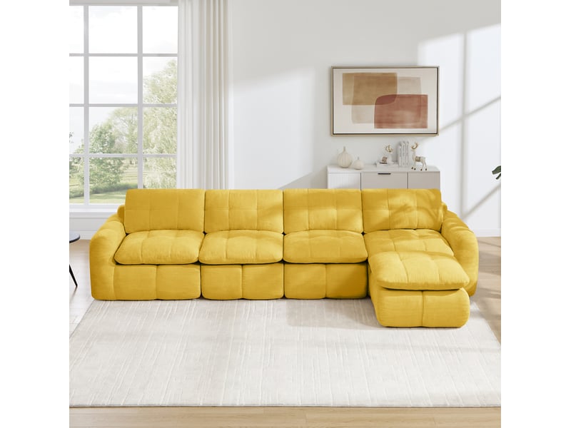 Canapé modulable forme l 334x160x68 cm 4 places, sans montage, assise spacieuse, 1 pouf, revêtement en chenille, jaune - Conforama B