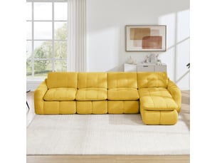 Canapé modulable forme l 334x160x68 cm 4 places, sans montage, assise spacieuse, 1 pouf, revêtement en chenille, jaune