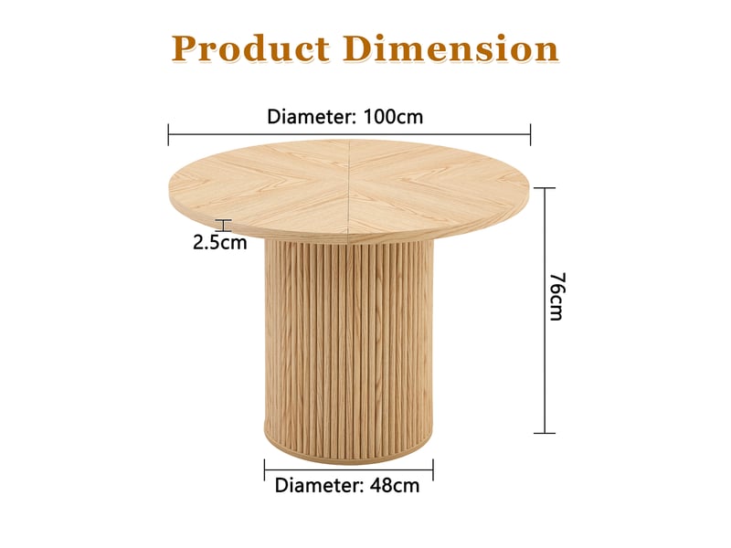  Table ronde ø100 cm 4 segments en mdf bois clair, pieds cylindriques avec rangement, 4 à 6 personnes  - Conforama C